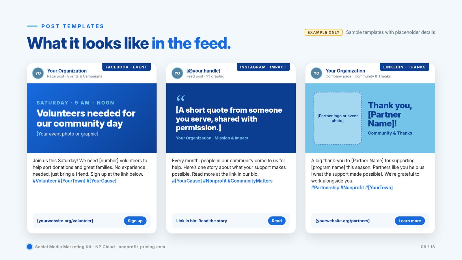 Post templates slide: example posts for an event, a spotlight, and a thank-you, using a placeholder organization